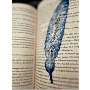 Sultan Tasarım Tüy Desenli Altın Varaklı Epoksi Kitap Ayracı 1 Adet Mavi Renkli