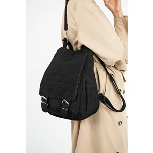 Siyah Su Geçirmez Krinkıl Kumaş Kadın Omuz ve Sırt Çantası