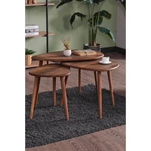 MDF Alvin Zigon Orta Sehpa Seti Ahşap Oval Tasarım Kahverengi 3'lü 80x60 cm