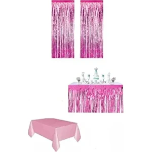 Pembe Renk Metalize Perde Metalize Masa Eteği Plastik Masa Örtüsü