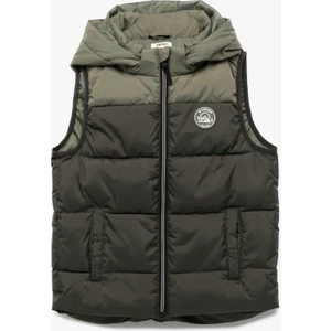 Renk Bloklu Cepli Etiket Detaylı Fermuarlı Kapşonlu Kolsuz Şişme Yelek