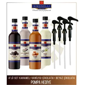 Kahve ve Kokteyl Şurubu 700 ml 4'lü Set Karamel+Vanilya+Çikolata+Beyaz Çikolata + 4 Adet Pompa