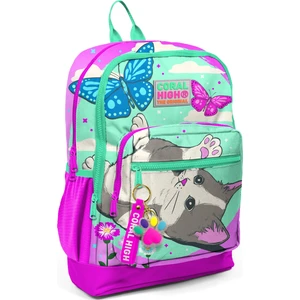 Coral High Kız Çocuk Ortopedik İlkokul Sırt Çantası – 4 Bölmeli, Su Yeşili Pembe Kedi Desenli, 27x38x14 cm