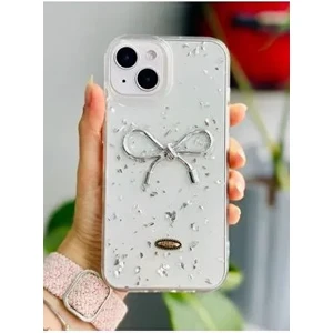 Apple Iphone 13 - 14 - 15 Uyumlu Şeffaf Simli Kurdele Epoksili Telefon Kılıfı