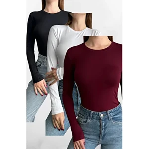 Siyah-Beyaz-Bordo 3'lü Bisiklet Yaka Basic Uzun Kollu Body