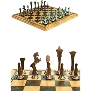 MC52 Metal Satranç Takımı | El Yapımı Doğal Ahşap Kayın Tahta | Antik Metal Taşlar
