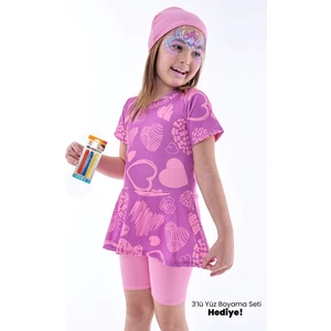 Kalp Desenli Mor Kız Çocuk Boneli Mayo Takımı