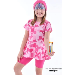 Kalp Desenli Pembe Kız Çocuk Boneli Mayo Takımı