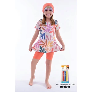 Kalp Desenli Turuncu Kız Çocuk Boneli Mayo Takımı