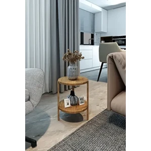 Miray Atlantik Çam 2 Katlı Yuvarlak Ahşap Çok Amaçlı Sehpa / Saksılık-Çiçeklik / Dekoratif Raf