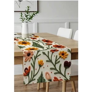 Punch Nakış Desen Dijital Baskılı Sarı Turuncu Sonbahar Temalı Runner Masa Örtüsü 45X100 cm