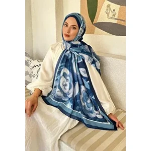 Çiçek Desen Pamuk Şal Gece Mavisi