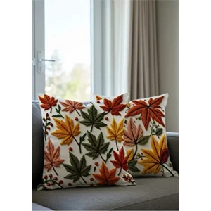 Punch Nakış Desen Dijital Baskılı Sonbahar Temalı Turuncu Sarı Renklerde 2li Kırlent Kılıfı