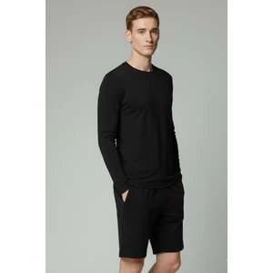 %100 Pamuk Erkek Süprem Uzun Kollu Basic T-Shirt Compact Penye Siyah Sporcu Tişört Body