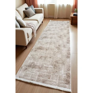 Aksu Stan Bej Saçaklı Kaymaz Tabanlı Kesme Kabartmalı Salon Koridor Mutfak Halı