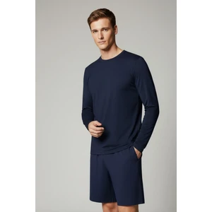 %100 Pamuk Erkek Süprem Uzun Kollu Basic T-Shirt Compact Penye Lacivert Sporcu Tişört Body