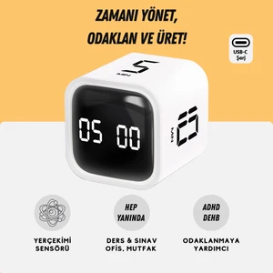 GT-1 Pomodoro Zamanlayıcı Küp | Flip Timer | Öğrenci Ders Çalışma Saati, Geri Sayım, Mutfak Kronometresi - Beyaz