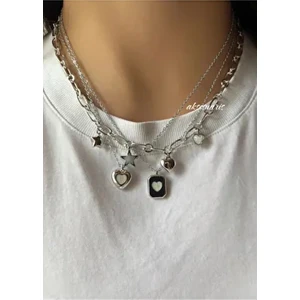 3'lü Gümüş Kalpli Charm Kolye Set