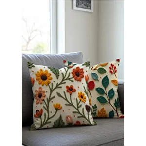 Punch Nakış Desen Dijital Baskılı Sarı Turuncu Sonbahar Temalı 2li Kırlent Kılıfı