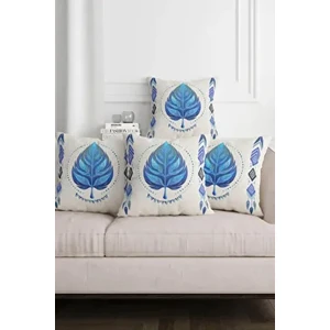 Etnik Bohem Mavi Yaprak Desen Bej Zemin Dijital Baskılı Dekoratif 4lü Kırlent Kılıfı Takım