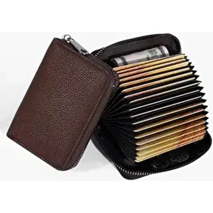 Kemer Dünyası Unisex 20 Bölmeli Siyah Fermuarlı Kahverengi Deri Kredi Kartlık