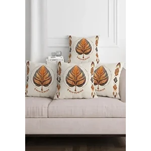 Etnik Bohem Yaprak Desen Bej Zemin Dijital Baskılı Dekoratif 4lü Kırlent Kılıfı Takım