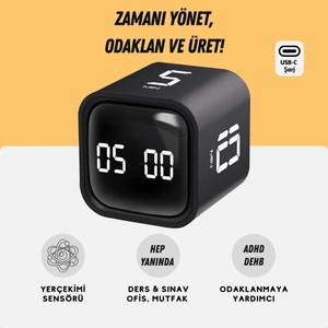 GT-1 Pomodoro Zamanlayıcı Küp | Flip Timer | Öğrenci Ders Çalışma Saati, Geri Sayım, Mutfak Kronometresi - Siyah