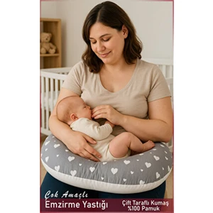 Çift Taraflı Emzirme Yastığı /bebek Destek Minderi, Hamile Yastığı, Pamuklu Kumaş, Gri Kalp Desenli