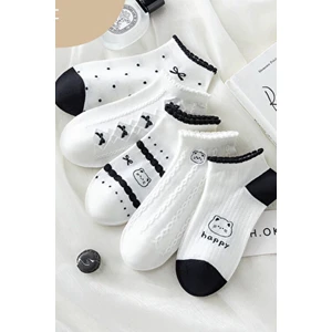 5 Çift Beyaz Happy Desenli Kısa Çorap