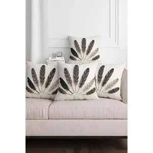 Krem Zemin Gri Şans Tüyü Desenli Dijital Baskılı Dekoratif 4lü Kırlent Kılıfı Seti