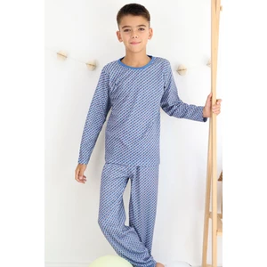 Erkek Çocuk Pijama Takımı Kare Desenli 9-12 Yaş, Mavi