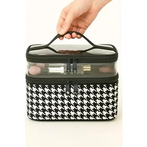 Kadın Makyaj Çantası İki Geniş Bölmeli Katlanabilir Seyahat Organizer Siyah-Beyaz
