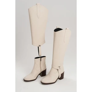 Mio Gusto Bej Renk Ikisi Bir Arada Tak Çıkar Özellikli Kalın Topuklu Çizme/bot