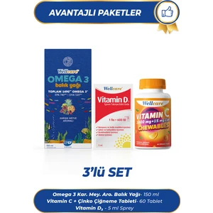 3'lü Set - Vitamin D3 600 Iu - 30 ml & Omega 3 Karışık Meyve Aromalı Balık Yağı - 150 ml & Vitamin C 1000 Mg + 15 Mg Zinc Çiğneme Tableti 60 Tablet