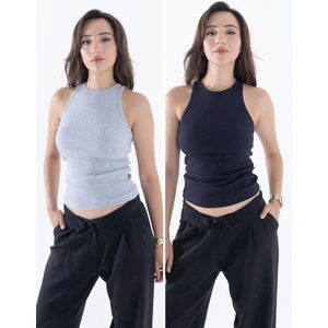 Fitilli Regular Fit Normal Kalıp Siyah-Beyaz Bisiklet Yaka Sıfır Kol Pamuklu 2'li Kadın Atlet