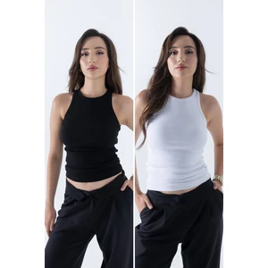 Fitilli Regular Fit Normal Kalıp Siyah-Beyaz Bisiklet Yaka Sıfır Kol Pamuklu 2'li Kadın Atlet