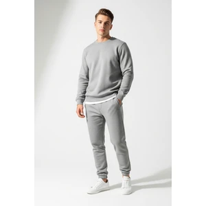 Pamuklu Erkek 2'li Eşofman Takımı Gri Regular Fit Ipli Cepli 3 Iplik Lastikli Paça Sweatshirt + Eşofman Altı Nefes Alan