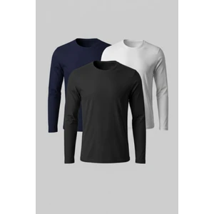 %100 Pamuk 3lü Erkek Süprem Uzun Kollu Basic T-Shirt Compact Penye Sporcu Tişört Body Siyah Laci Gri