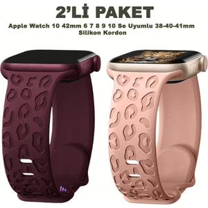 Apple Watch 10 42MM – 6 7 8 9 10 Se Uyumlu 38-40-41MM Leopar Desenli 2'li Silikon Kordon Seti