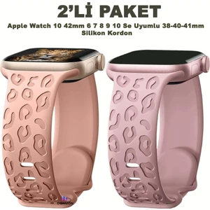 Apple Watch 10 42MM – 6 7 8 9 10 Se Uyumlu 38-40-41MM Leopar Desenli 2'li Silikon Kordon Seti