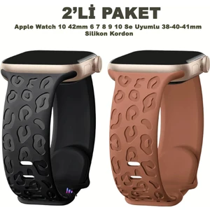 Apple Watch 10 42MM – 6 7 8 9 10 Se Uyumlu 38-40-41MM Leopar Desenli 2'li Silikon Kordon Seti
