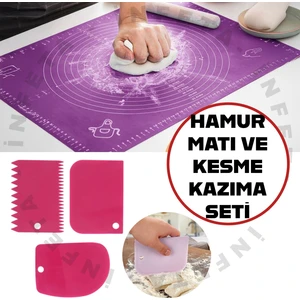 Silikon Ölçekli Hamur Açma Matı ve 3'lü Hamur Kesici Kazıyıcı Şekillendirici Set