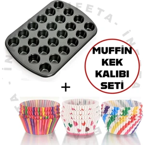24 Bölmeli Metal Muffin Kek Kalıbı ve 100 Adet Cupcake Kağıdı Seti - Kek Kalıbı Seti