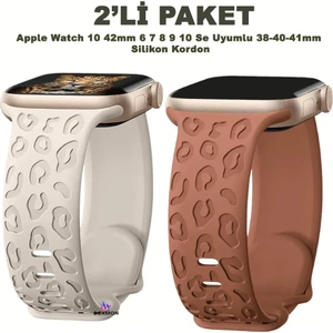 Apple Watch 10 42MM – 6 7 8 9 10 Se Uyumlu 38-40-41MM Leopar Desenli 2'li Silikon Kordon Seti