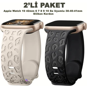 Apple Watch 10 42MM – 6 7 8 9 10 Se Uyumlu 38-40-41MM Leopar Desenli 2'li Silikon Kordon Seti