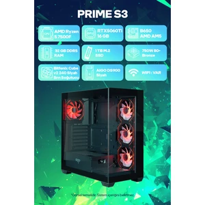 Game Garaj Prime S3 Amd Ryzen 5 7500F 32GB Ram 1tb SSD RTX5060TI 16GB 240MM Sıvı Soğutma Freedos Oyuncu Tavsiye Sistem