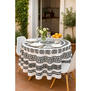 Yuvarlak Geometrik Siyah Desenli Duck Kumaş Masa Örtüsü 150X150 cm