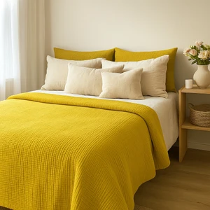 Hb&victory Müslin %100 Pamuk Çift Kişilik 4 Katlı Hardal Sarısı Renk Yatak Örtüsü 240X230 Cm.