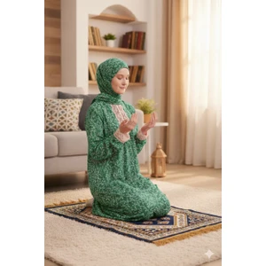 Tek Parça Başörtülü Dantelli Kadın Namaz Elbisesi