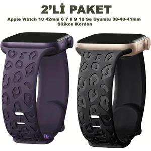 Apple Watch 10 42MM – 6 7 8 9 10 Se Uyumlu 38-40-41MM Leopar Desenli 2'li Silikon Kordon Seti